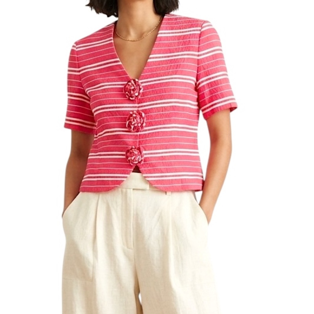 Vintage 80s 90s watermelon pink white stripe cropped rosette old money jacket 10